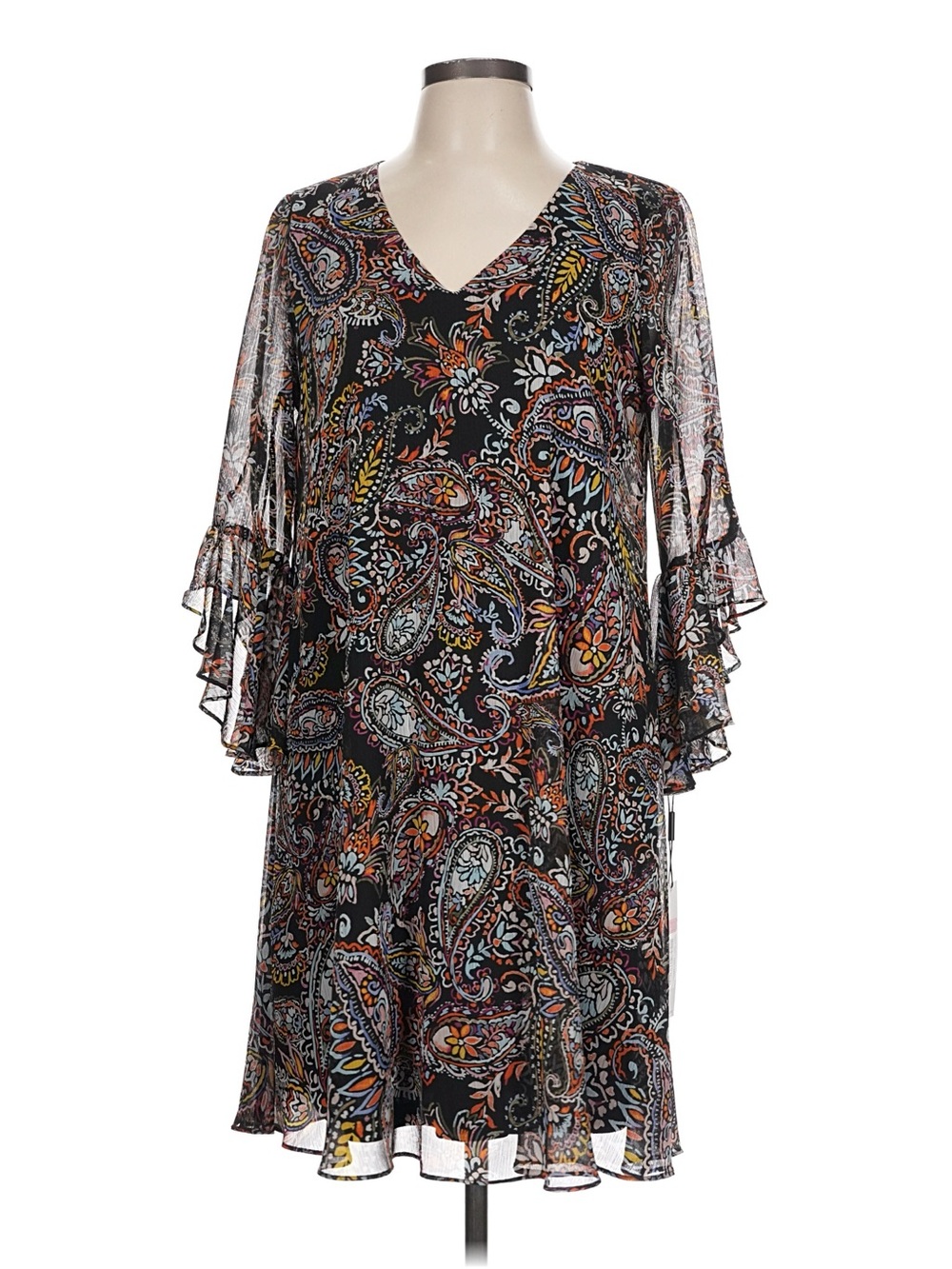 NWT Calvin Klein Size 10 Black Paisley V-Neck Ruffle Sleeve Midi Dress